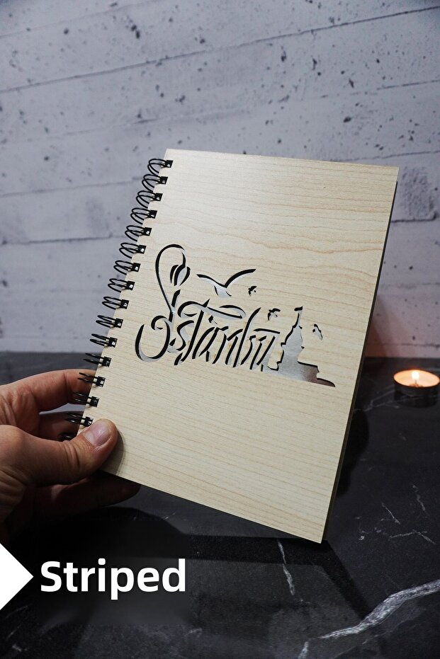 Istanbul Themed Wooden Cover Notebook - Lined Notebook - Agenda - School Notebook (A5 - 120 Pages)