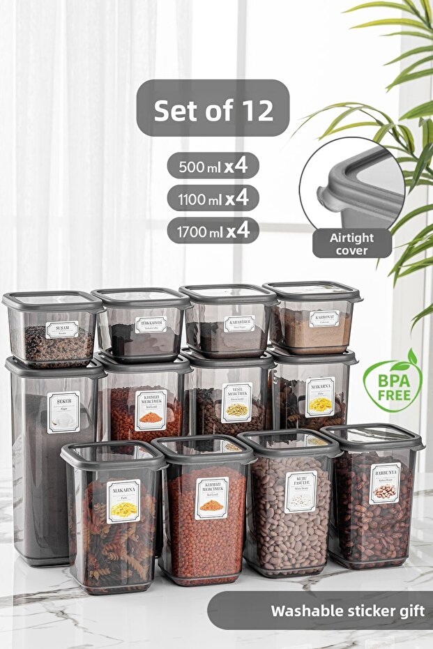 Set of 12 Pino Labeled Square Food Storage Container Set Anthracite 4x(0.50 LT-1,10 LT -1.70 LT) - 1