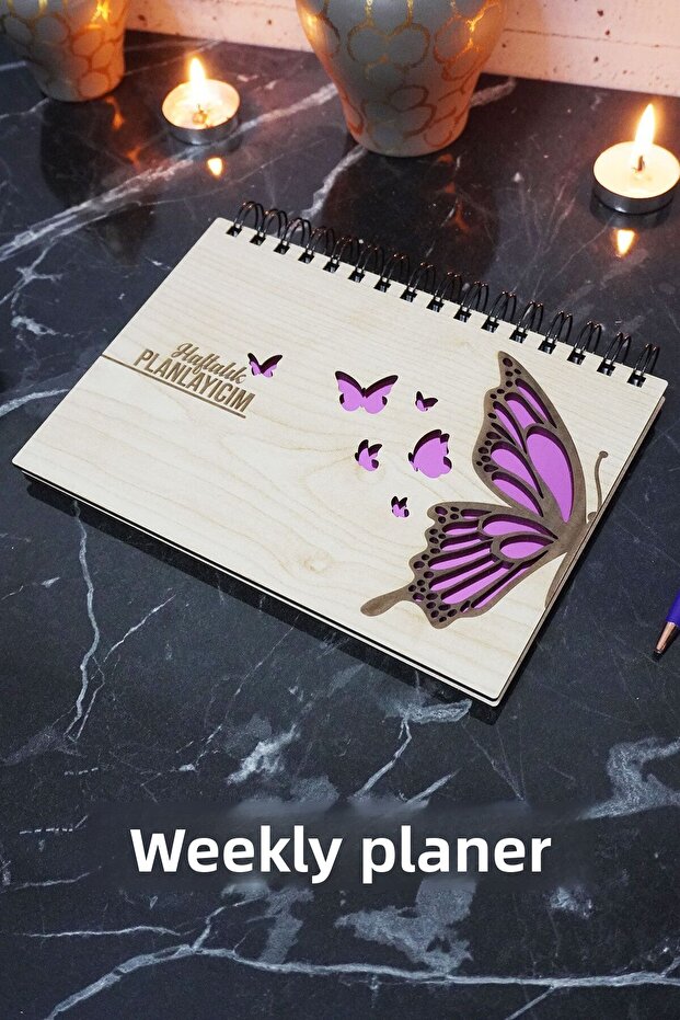 Butterfly Wooden Schedule Book - Agenda - Weekly Planner (WOOD COLOR BANU) A5