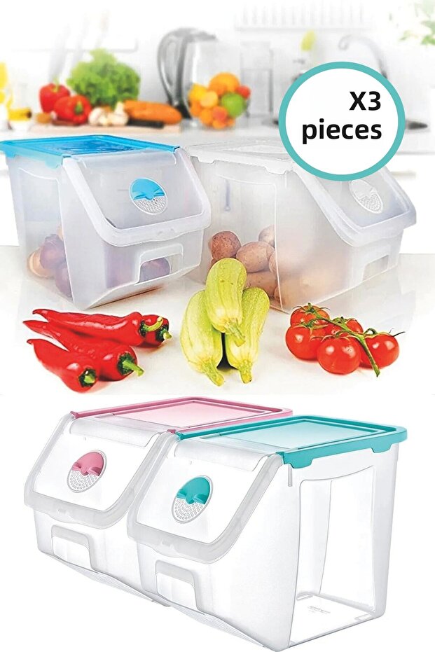 3 Pieces Potato Onion Pantry Storage Container Organizer Set 12 lt 32,5x23,5x23,5 cm 12 lt Pantry Holder