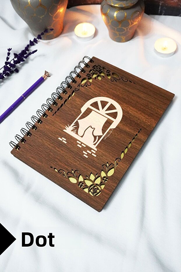 Cat on the Window Spiral Notebook with Wooden Cover - Dotted Notebook - 60 Sheets (120 Pages) - A5 15X21 cm