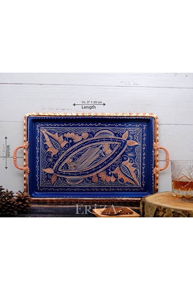 صينية تقديم نحاسية بمقبض مستطيل 39 سم - 4