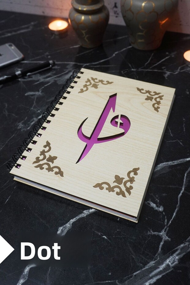 Elif Vav Themed Notebook with Wooden Cover - Dotted Notebook - Agenda - School Notebook (A5 - 120 Pages)