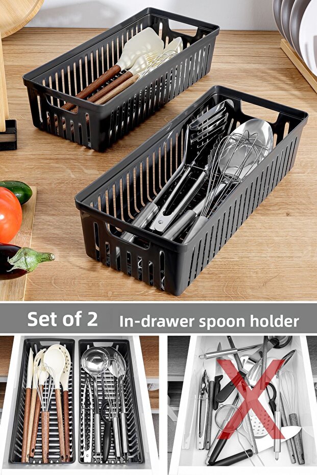 Set of 2 Modular Cutlery - Kitchen Organizer Drawer Organizer Knife Holder Ladle Black