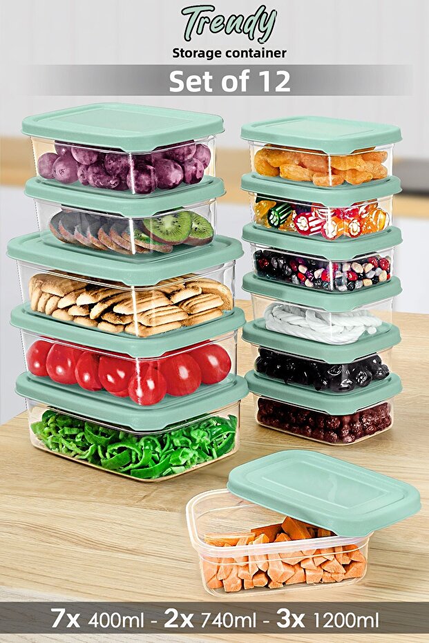 Set of 12 Rectangular Food Storage Containers - Microwave Safe Organizer Food Container Green