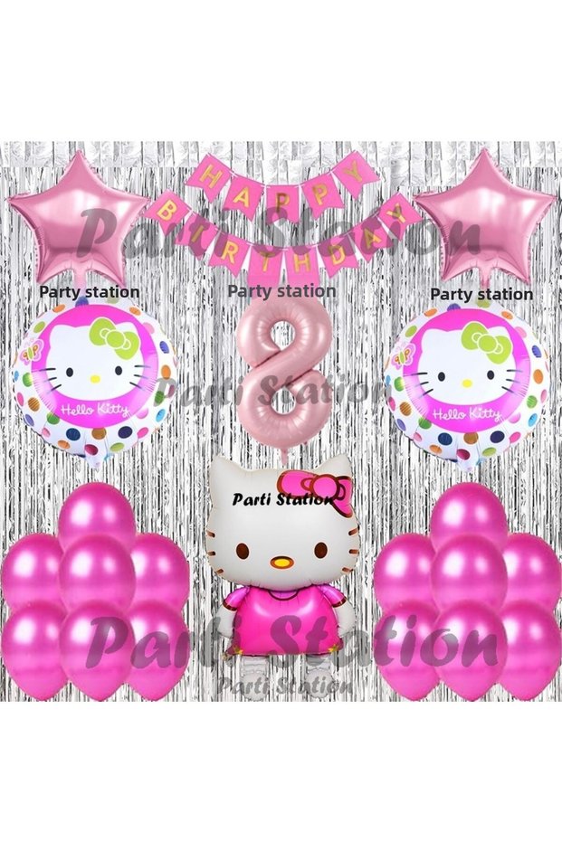 Hello Kitty Balloon Set 8 Years Old Hello Kitty Cute Cat Concept Pink Figure Birthday Party Balloon Set