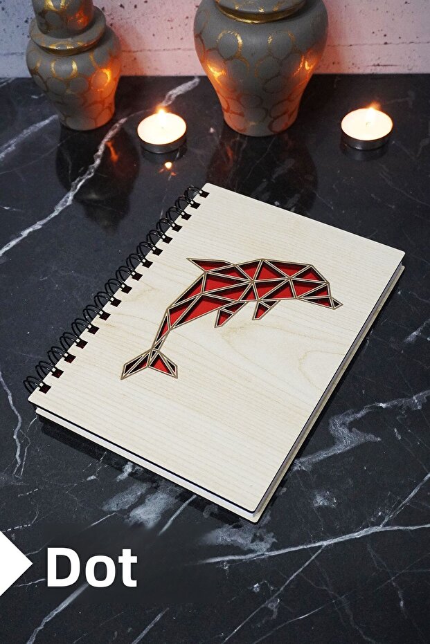 Dolphin Themed Wooden Cover Notebook - Dotted Notebook - Agenda - School Notebook (A5 - 120 Pages)