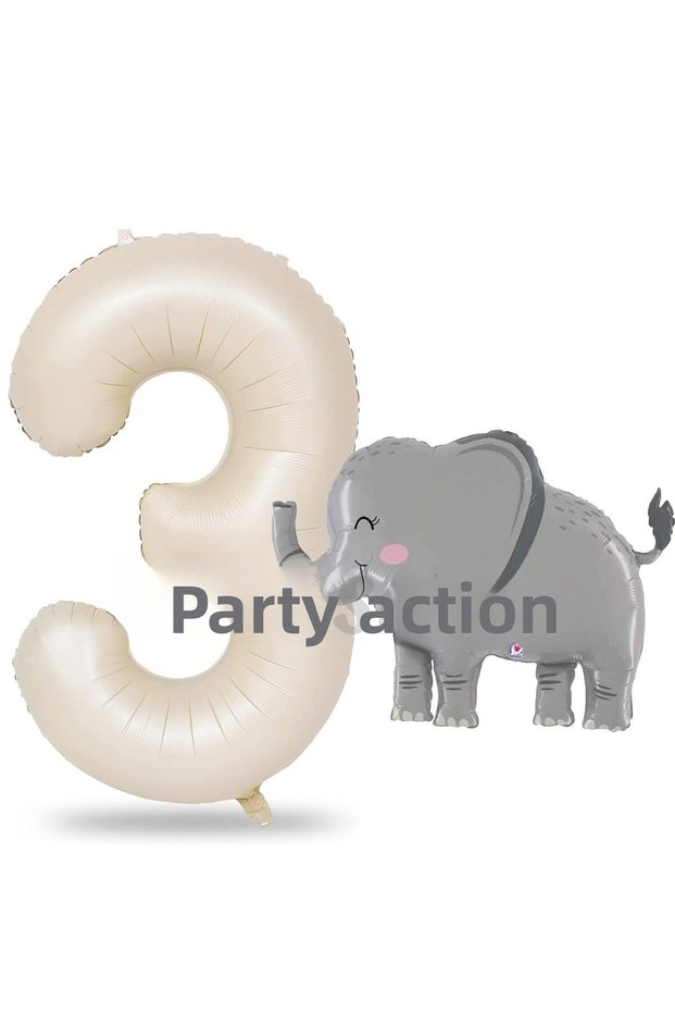 Cute Elephant Balloon 3Rd Birthday Balloon Set Safari Concept Elephant Balloon and Cream Color Number Balloon