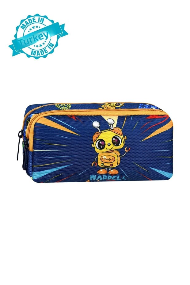 Robot Patterned Licensed 2-pocket Navy Blue-yellow Pencil Case