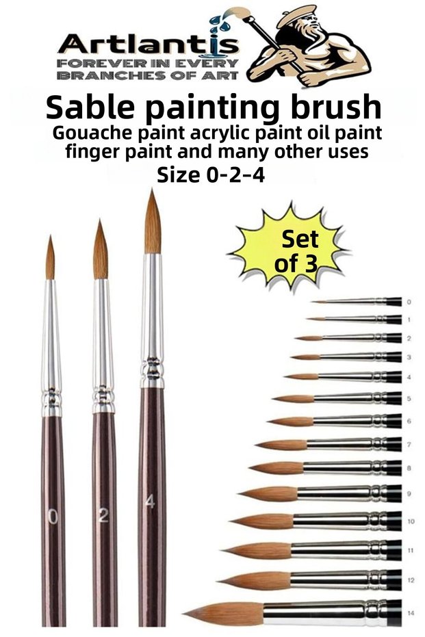 Art Brush 0 - 2 - 4 Number 1 Pack of 3 Sable Round Tip Brush Set Gouache Water Acrylic Oil B