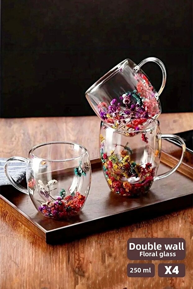 4-Piece Double Walled Floral Cup 250ml Coffee Tea Cup Handmade Borosilicate Glass Cup with Handle