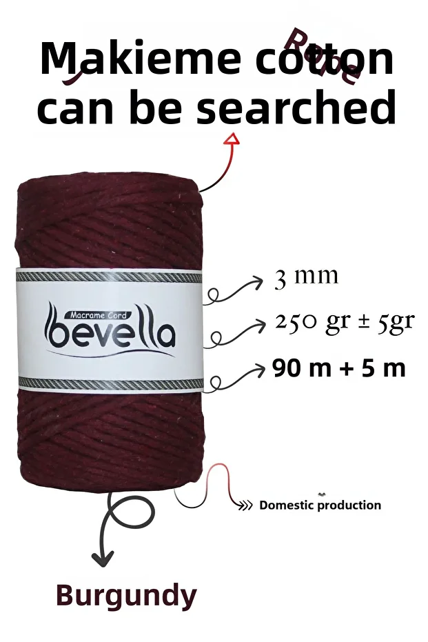 Taranan Macrame Thread 3mm Scannable Cotton Single Twist Macrame Thread Claret Red - 2