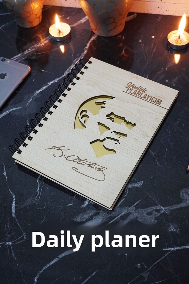 Mustafa Kemal Atatürk Wooden Schedule Book - Undated Agenda - Daily Planner (PLANING BOOK) A5