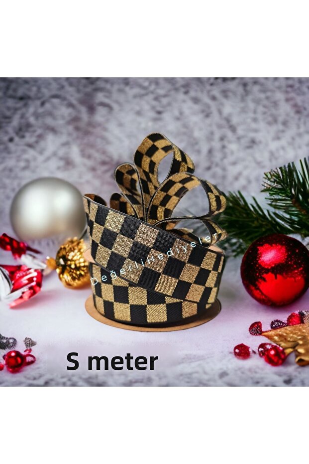 5 METERS Gold Checkerboard New Year Ribbon Box Decoration Ribbon Tree Decoration Ribbon 3cm