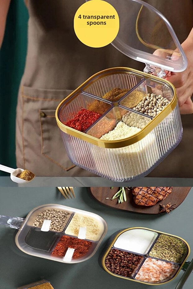 Table Top Spice Rack with 4 Spoons and Lid 4 Compartments Spice Box (Suitable for Restaurant and Cafe Use) - 2