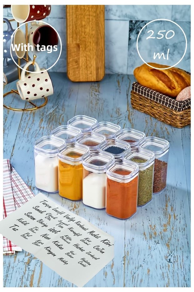 12-Piece Acrylic Spice Jar with Label 250 Ml Storage Container