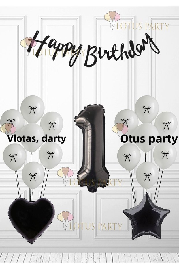 White Balloon with Black Ribbon Black Number Black Heart Black Star - Black - White Birthday 1 Year Old