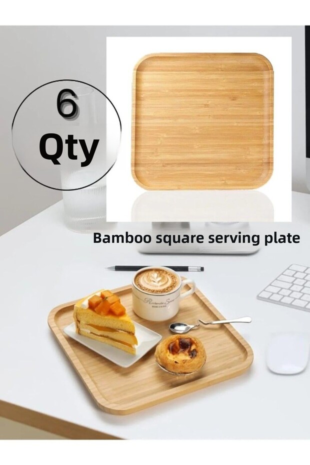 6 Pieces Bamboo Square Serving Plates, Presentation Set (20x20 cm)