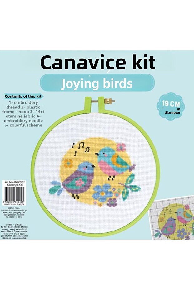 Cross Stitch Kit Embroidery Set Cheerful Birds with Plastic Hoop 19 cm