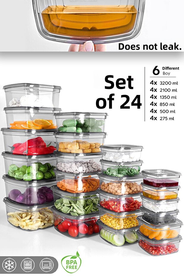 Set of 24 Square Leakproof Storage Containers - Microwave Suitable Organizer Food Container Anthracite