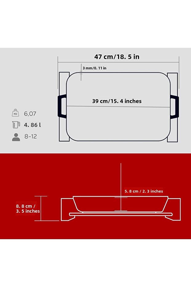 Cast Rectangular Rosto and Baking Tray Beech Serving Wood Cast Iron Solid Double Handle Size - 5