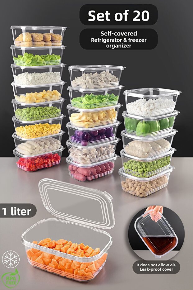 20 Pieces of Leak-Proof Self-Closing Storage Containers Suitable for Deep Freezer, Airtight Organizer, 1Lt