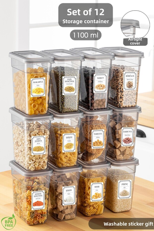 12-Piece Labeled Food Storage Container Set - Leakproof Lidded Legume Storage Box - 12 x 1100 ml