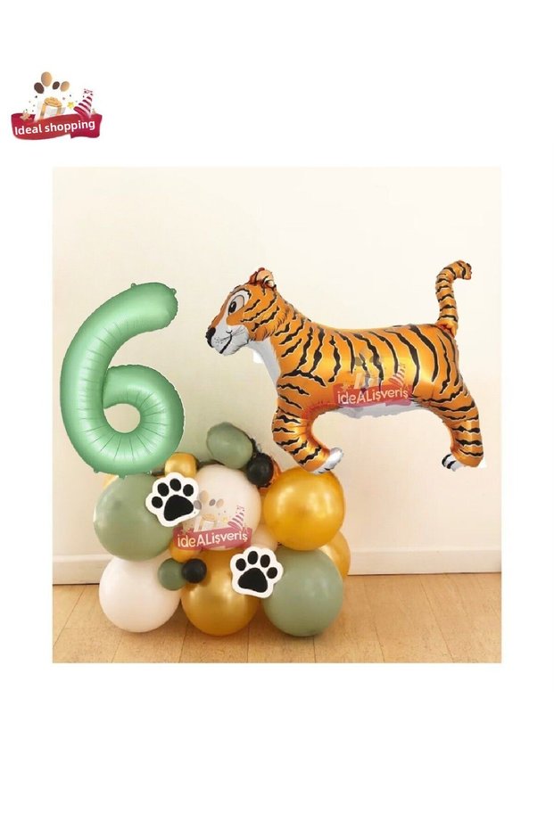 Large Tiger Balloon 6 Years Old Green Foil Balloon Safari Balloon Tiger Birthday Party Set Decoration