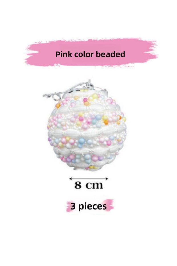 BRS-3786 New Year's Ball Ornament, 8 cm, Pink, Beaded, Set of 3