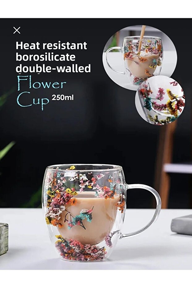250 ml Heat Resistant Borosilicate Double Wall Flower Flower Cup | Floral Coffee Presentation Cup