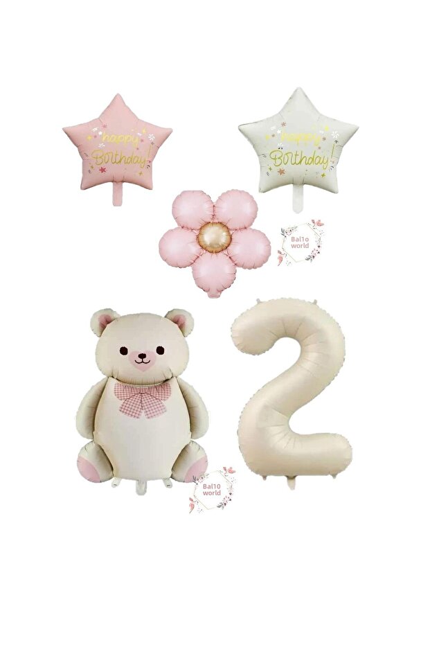 Bal10 Cream Color Number and Teddy Bear Star Daisy Foil Balloon Set Age 2