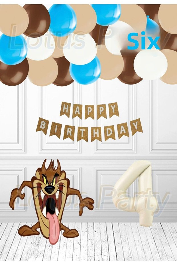 4 Year Old Licensed Tasmanian Devil Themed Foil Balloon Set Cream Number Brown Skin White Blue Balloon
