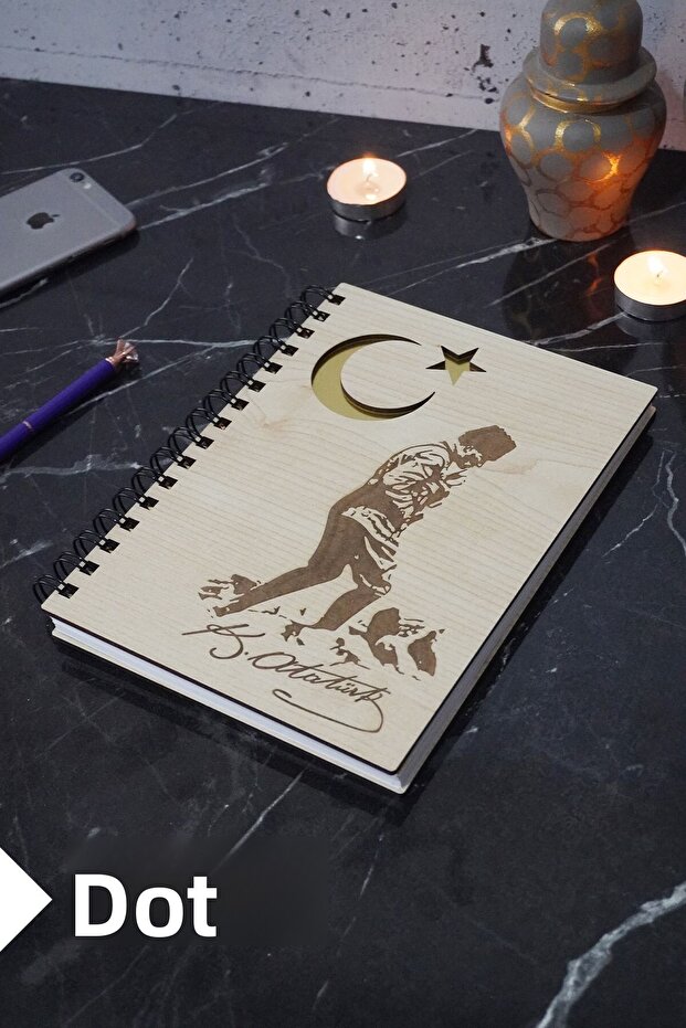 Kemal Atatürk Themed Wooden Cover Notebook - Dotted Notebook - Agenda - School Notebook (A5 - 120 Pages)