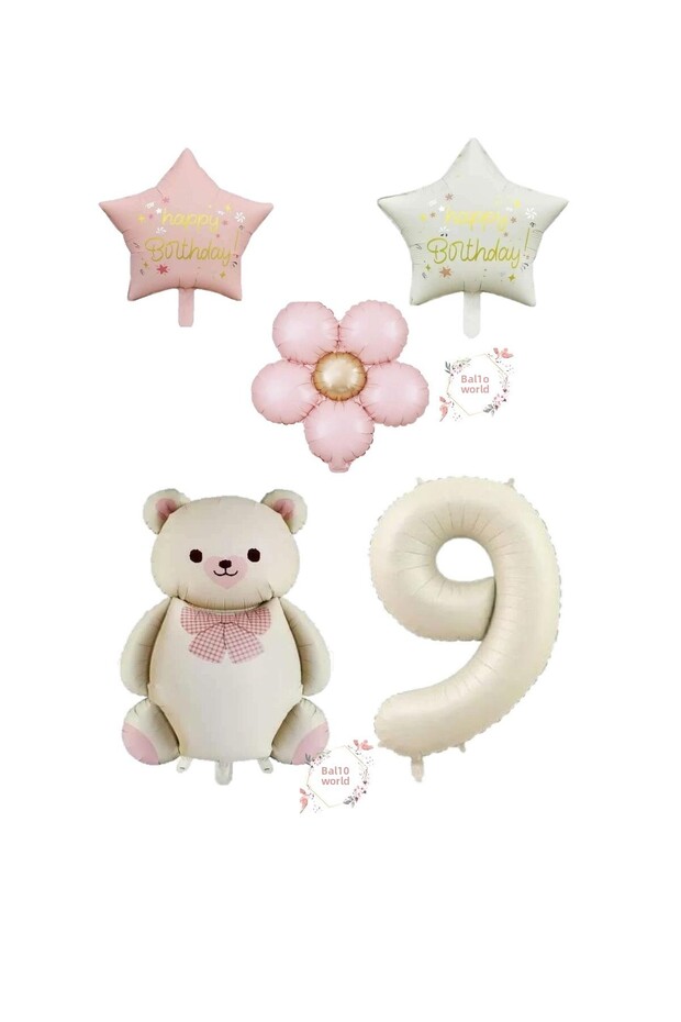 Bal10 Cream Color Number and Teddy Bear Star Daisy Foil Balloon Set Age 9