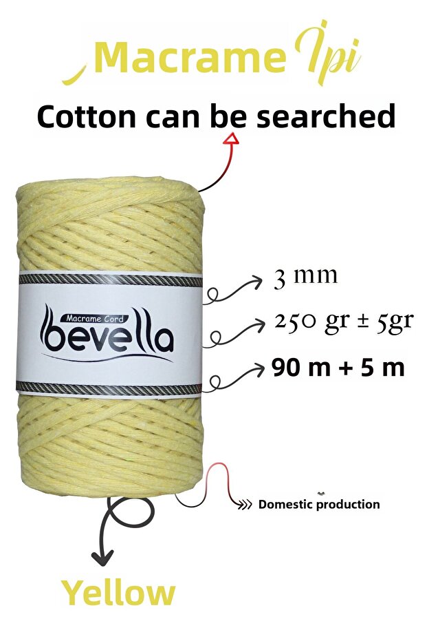 Scalloped Macrame Thread 3mm Scalloped Cotton Single Twist Macrame Thread Yellow - 2