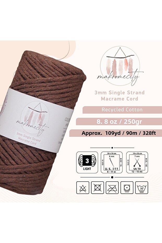 Scalloped Macrame Thread 3mm Scalloped Cotton Macrame Thread Macrame Thread Bitter Brown - 2