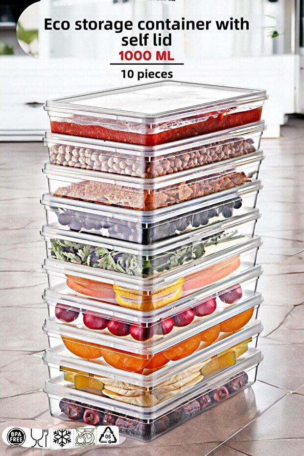 Set of 10 Self-Lidding Storage Containers, 1 Liter, Suitable for Freezers