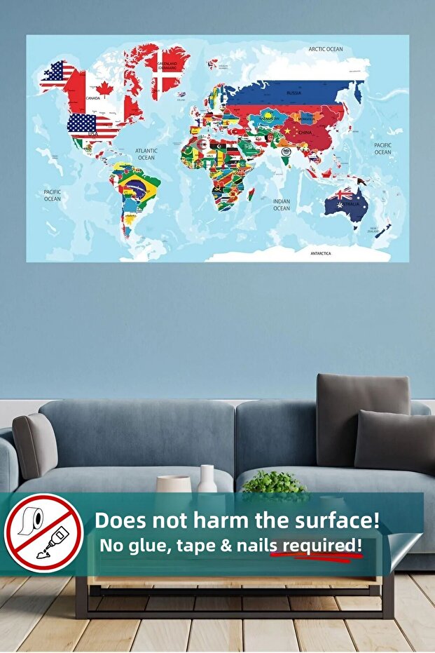 Colorful World Map with Flag - Non-Adhesive, Portable, Static Innovative Smart Paper - 1
