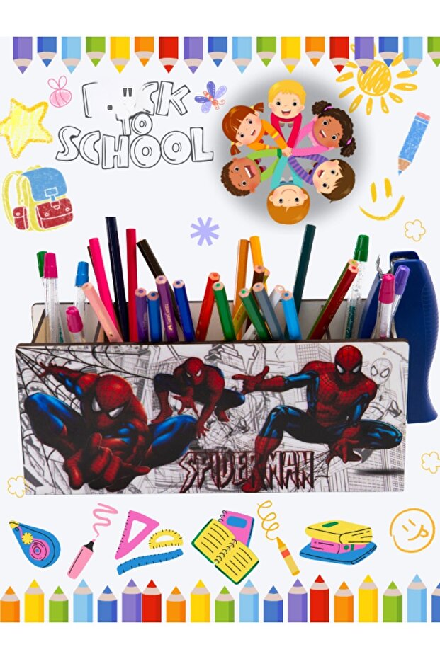 DeepCraft Wooden Kids Desk Top Square Pencil Holder & Organizer-Spiderman