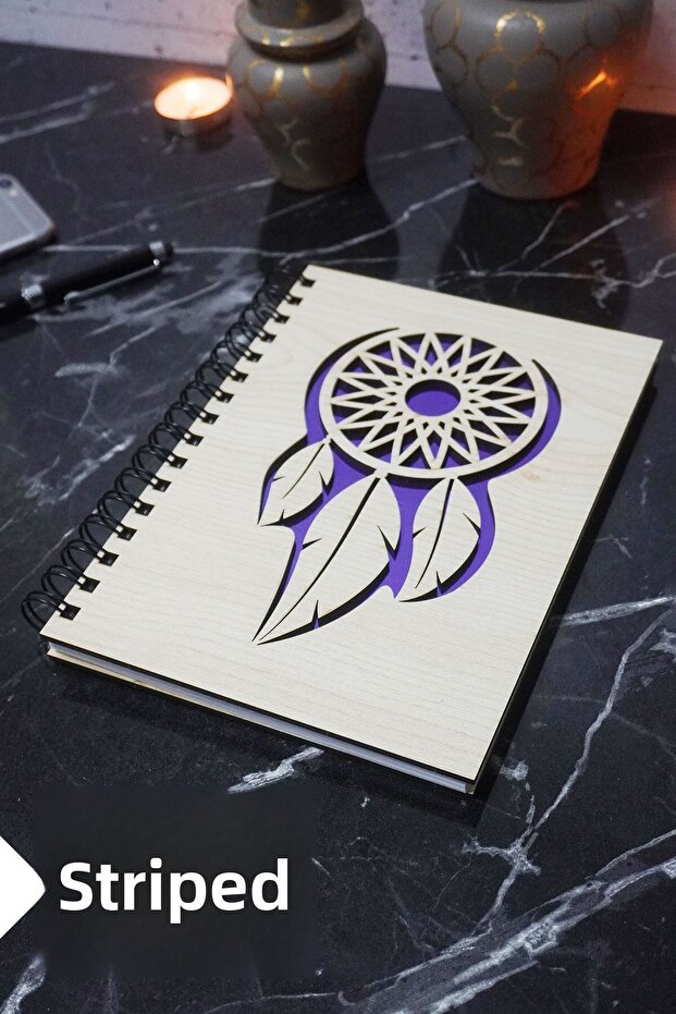 Dream Catcher Themed Wooden Cover Notebook - Lined Notebook - Agenda - School Notebook (A5 - 120 Pages)