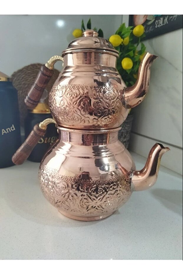 إبريق شاي أصلي بمقبض خشبي كبير الحجم من النحاس 4 قطع