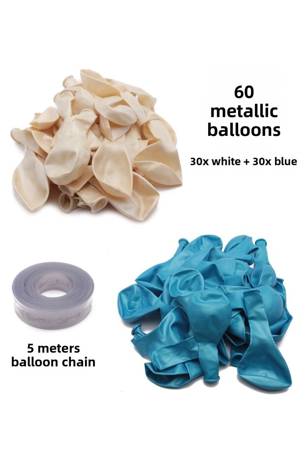 60 Pieces of White and Blue Mixed Metallic Balloons + 5 Meters Balloon Chain