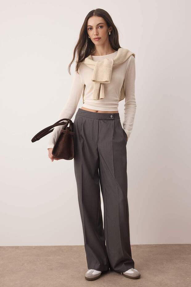 Gri Wide Leg/Geniş Paça Yüksek Bel Dokuma Pantolon TWOAW26PL00036 - 1