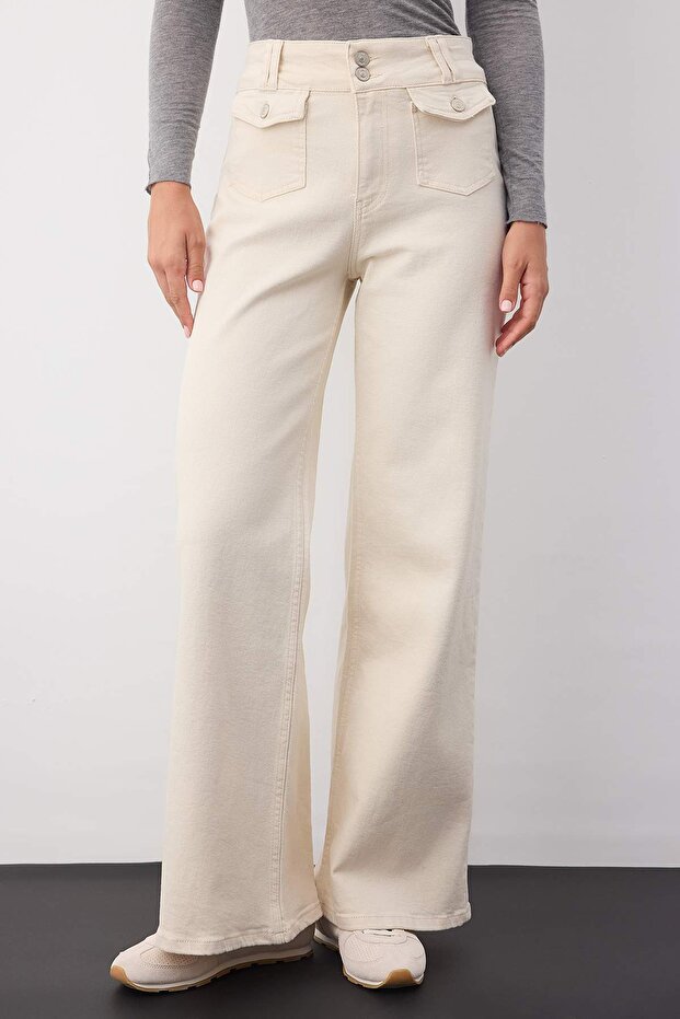 Wardrobe Essentials Ekru Yüksek Bel Cep Detaylı Comfort Esnek Wide Leg Palazzo Jeans TWOAW26JE00120 - 1