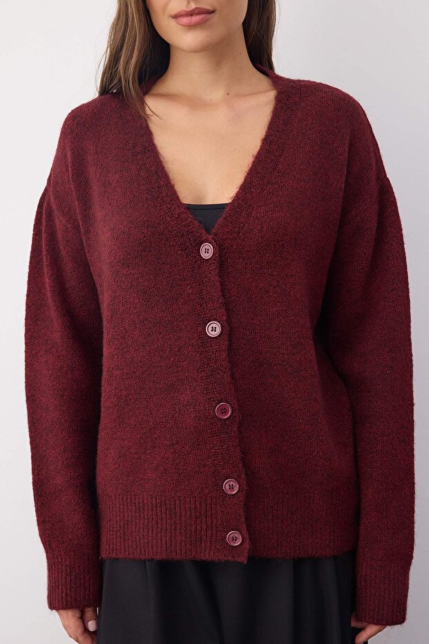 Wardrobe Essentials Bordo Yünlü Geniş Kalıp V Yaka Triko Hırka | TWOAW26HI00083 - 3