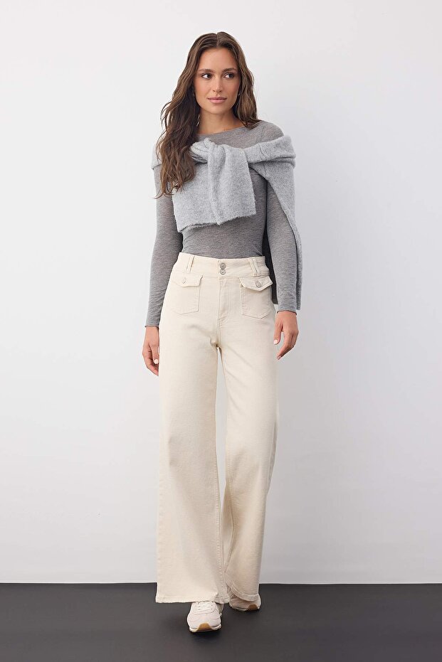 Wardrobe Essentials Ekru Yüksek Bel Cep Detaylı Comfort Esnek Wide Leg Palazzo Jeans TWOAW26JE00120 - 2