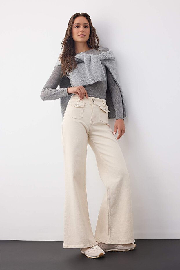 Wardrobe Essentials Ekru Yüksek Bel Cep Detaylı Comfort Esnek Wide Leg Palazzo Jeans TWOAW26JE00120 - 3