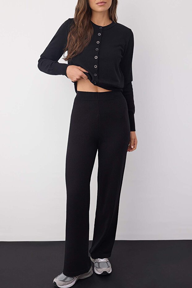 Wardrobe Essentials Siyah Merserize Görünümlü Triko Hırka-Pantolon Alt-Üst Takım | TWOAW26AU00003 - 3