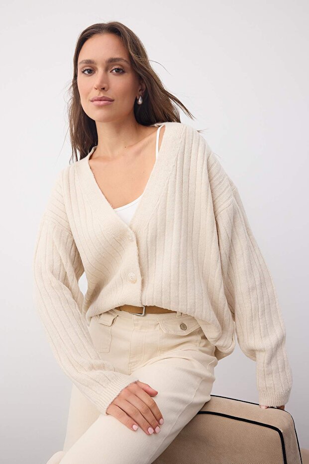 Wardrobe Essentials Taş Yumuşak Dokulu Basic Triko Hırka | TWOAW26HI00119 - 1