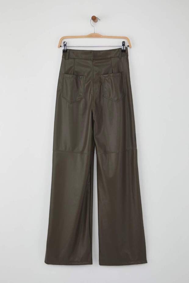 Haki Relaxed/Rahat Straight/Boru Paça Dikiş Detaylı Örme Deri Pantolon TWOAW25PL00068 - 7